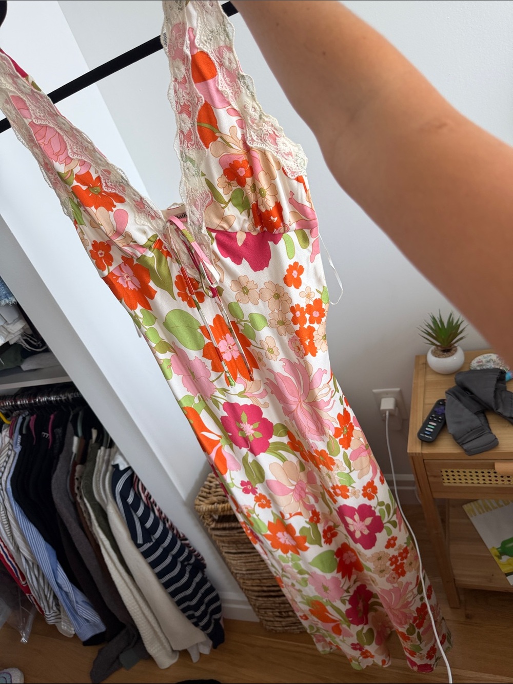 Floral Satin Slip Dress with Lace Trim - Pink & Orange
